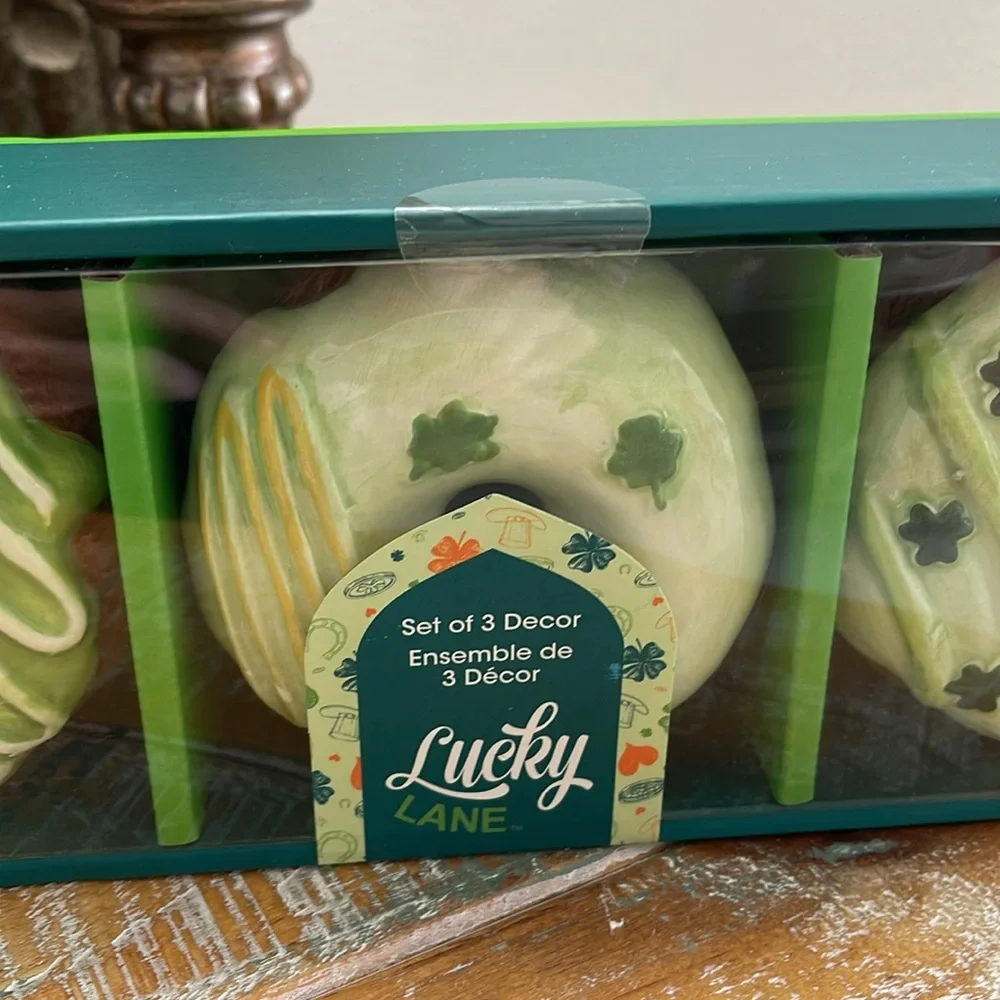 Lucky Lane St Patricks Day Set of 3 Green & White Ceramic 